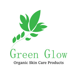 Green glow organic skin care products logo featuring a stylized green leaf and vine design symbolizing natural beauty and healthy skin