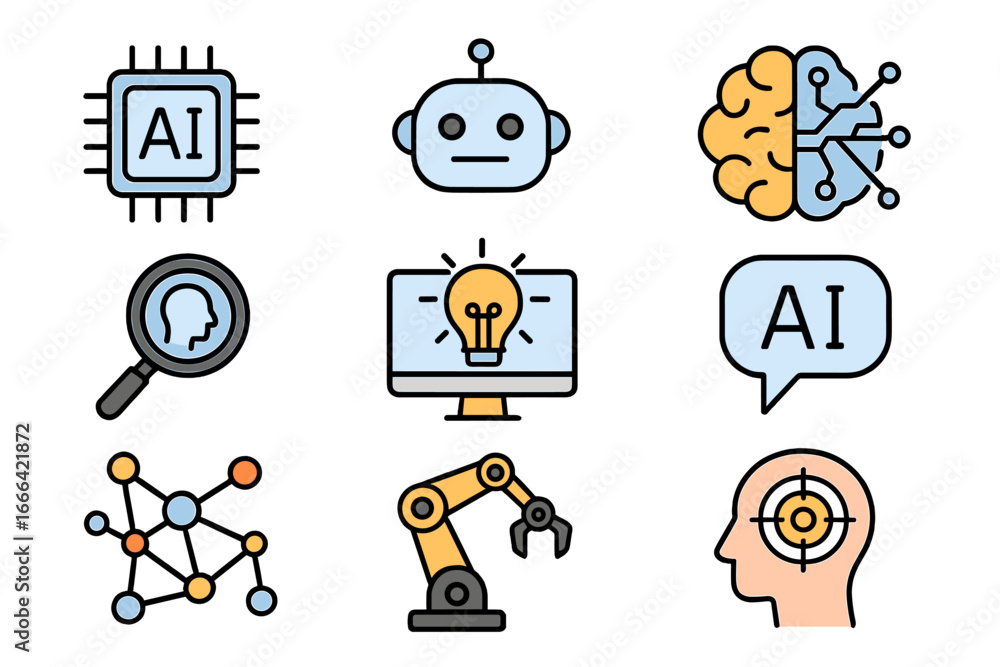 Aufkleber artificial intelligence icon set. machine learning, deep learning, data science, robotics, chatbot, 