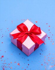 Obraz premium A square gift box, adorned with a vibrant red ribbon, sits on a vibrant blue background, scattered with tiny heart-shaped confetti.