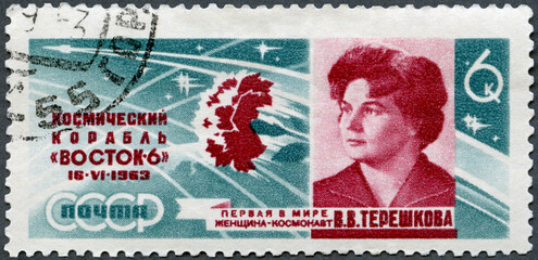 USSR - 1983: shows portrait of Valentina Tereshkova, 1st woman cosmonaut, soviet astronaut and...