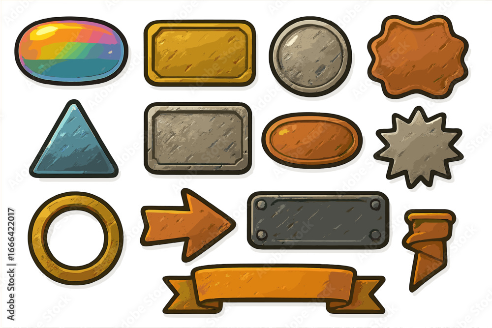 Poster game ui kit with metallic, stone buttons, frames, icons. fantasy rpg interface elements. gold, silve