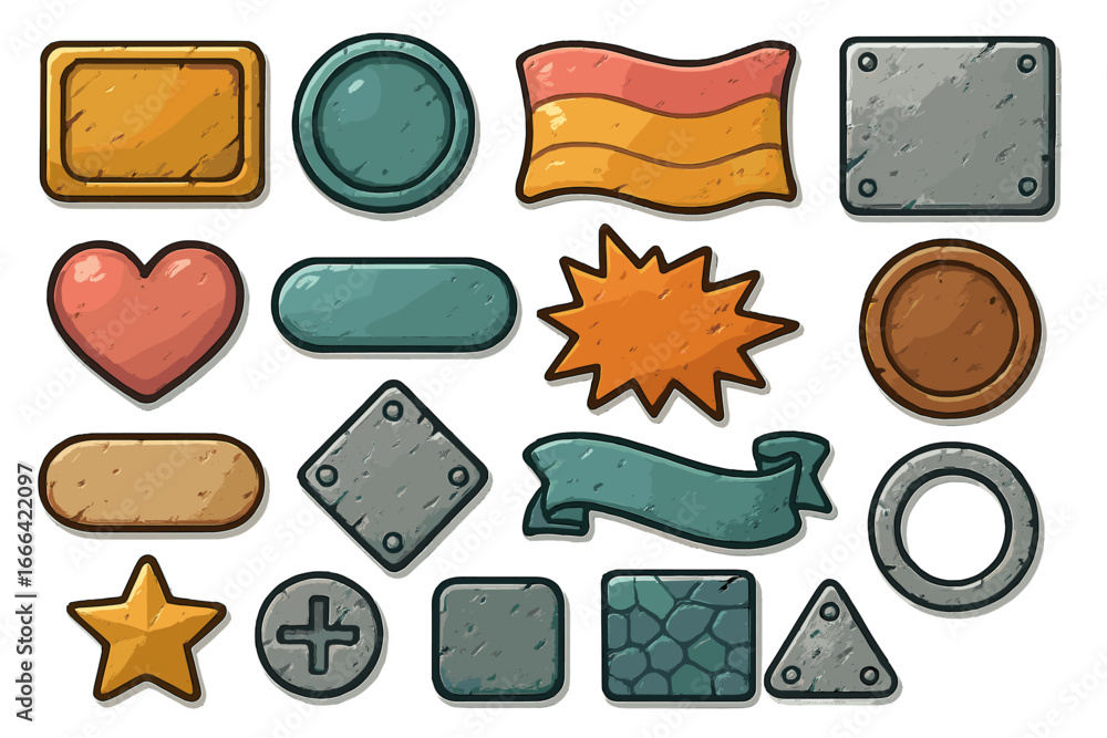 Poster game ui kit with stylized stone and metal buttons. cartoon vector icon and element set for game inte