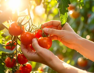 Raster digital painting of hands picking ripe tomatoes from bush