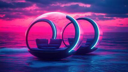 Futuristic Floating Lounges, Ocean Sunset, Surreal Design, Digital Art, Tranquil Environment