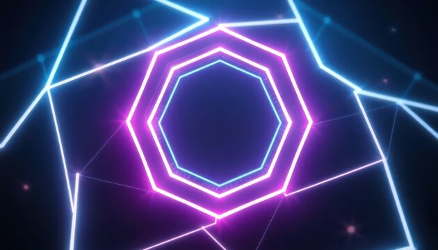 Vibrant neon geometric hexagon tunnel with glowing lines on a dark background. Abstract digital technology concept ideal for futuristic design, events, or entertainment.