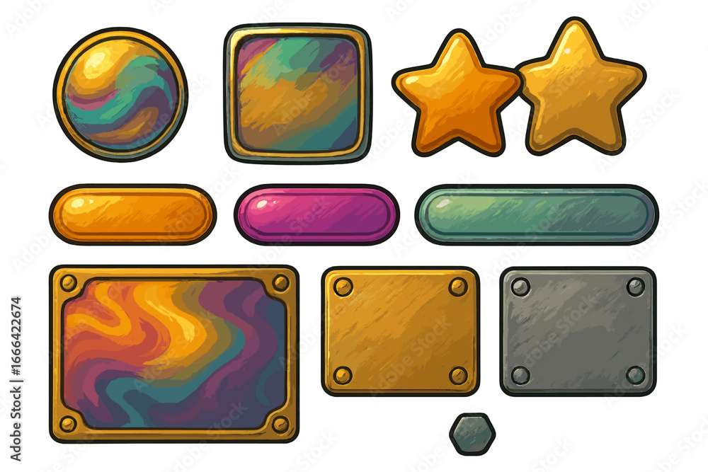 Poster stylized game ui kit. set of shiny metallic and colorful textured buttons, panels, frames, and stars