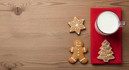 Festive gingerbread cookies and milk arranged on a wooden surface with a red napkin.