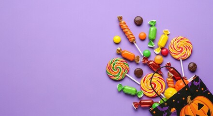 Fototapeta premium Halloween candy spilling from a decorative bag onto a purple background.