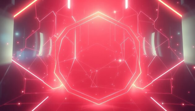Dynamic abstract background featuring glowing red neon lines forming a hexagonal portal with scattered light points, ideal for tech, data, or futuristic designs.