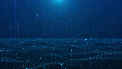 Abstract animation digital waves pulsing grid particles rise upward. Use of this clip enhances futuristic themes, tech visualizations, data simulations, motion background, modern science fiction scene - Powered by Adobe