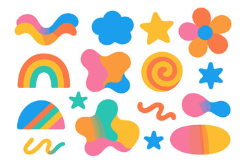 Set of colorful abstract geometric shapes. Modern trendy Y2K style elements. Groovy hippie retro stickers. Vector decorative objects, rainbow, flower, star, liquid blobs.