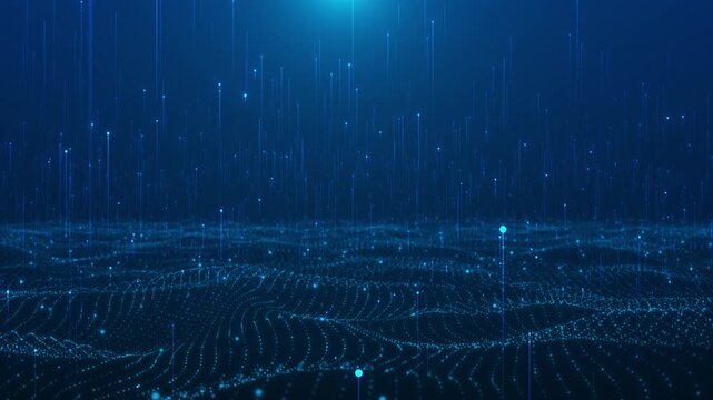 Abstract animation digital waves pulsing grid particles rise upward. Use of this clip enhances futuristic themes, tech visualizations, data simulations, motion background, modern science fiction scene - Powered by Adobe