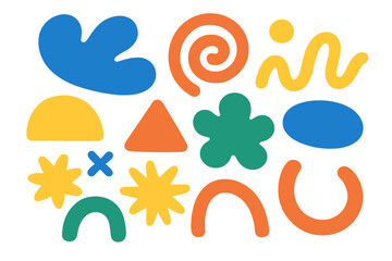 Colorful abstract shapes set. Modern trendy doodle objects, minimalist geometric and organic forms for graphic design. Hand-drawn blobs, stars, and flowers. Vector illustration.