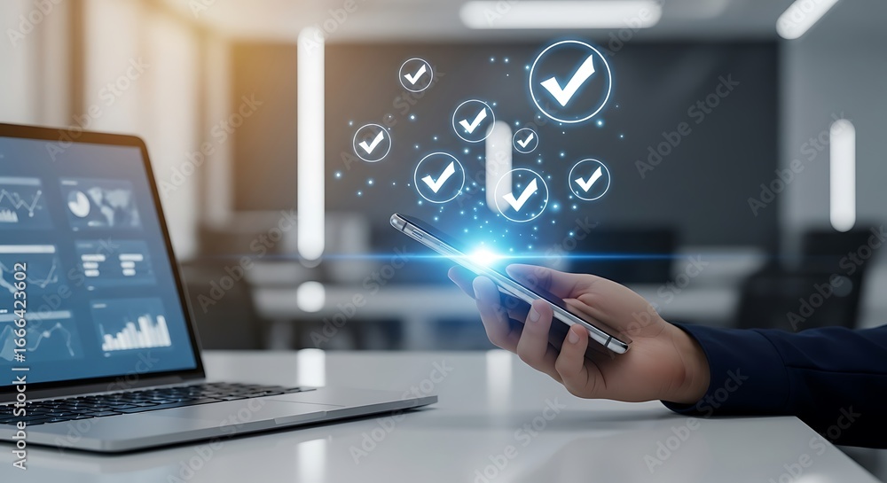 Fototapete ensuring quality control and compliance standards with digital technology for business process valid