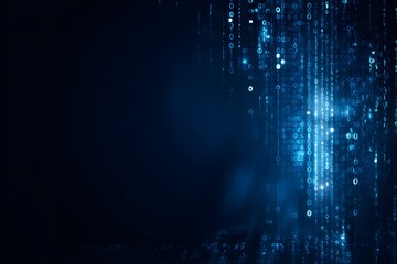 Blue digital background with data and code, featuring elements of technology and artificial intelligence in the dark blue color scheme.