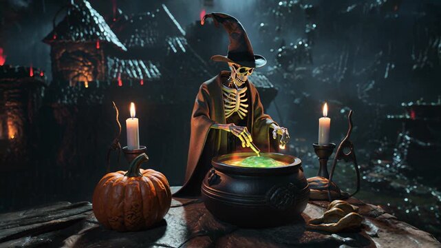 Cinematic Halloween Animation of Witch Stirring Bubbling Cauldron with Glowing Magical Potion and Spooky Smoke