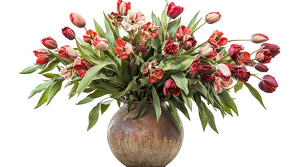 Obraz premium Red tulips in a decorative vase isolated on white background