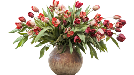 Red tulips in a decorative vase isolated on white background