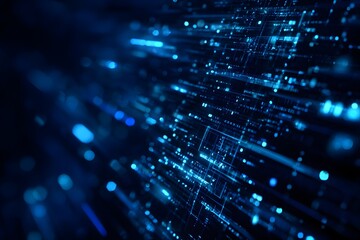 Blue digital background with data and code, featuring elements of technology and artificial intelligence in the dark blue color scheme.