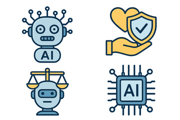 AI icon set. Artificial intelligence concepts. Ethics, safety, trust, technology. Robot with justice scales. AI law, regulation, balance metaphor. Machine learning chip vector.