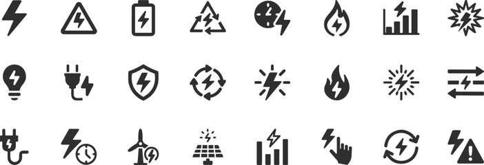 Electricity icons set, energy symbols, power generation, lightning bolt, battery, plug, solar panel, wind turbine, flame, shield, vector
