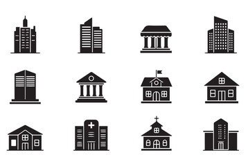 Obraz premium A flat icon set of various buildings in black on a white background, including skyscrapers, houses, offices, schools, hospitals, and religious structures. Designed in a minimalist style