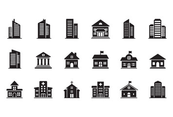 A flat icon set of various buildings in black on a white background, including skyscrapers, houses, offices, schools, hospitals, and religious structures. Designed in a minimalist style