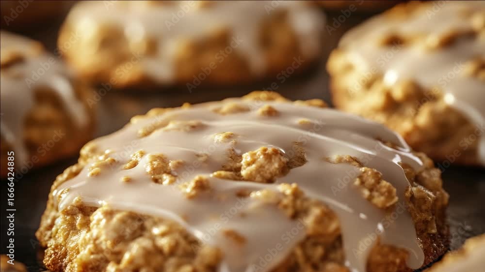 Poster a cookie with a glaze on top. the cookie is covered in a thin layer of icing