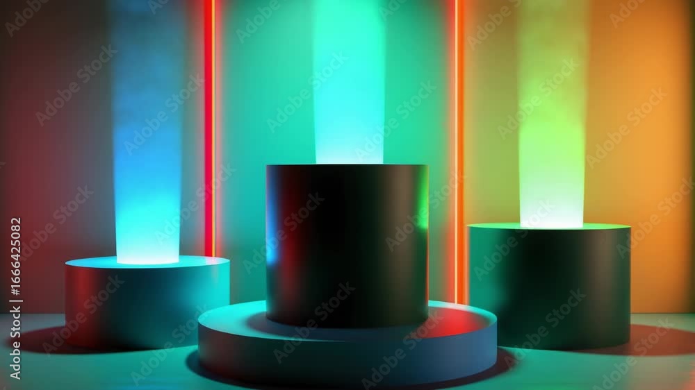Poster pedestals with circular bases and lamp-like structures in a well-lit interior space