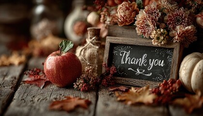 Apple, thank you card, and autumn leaves on teachera??s podium
