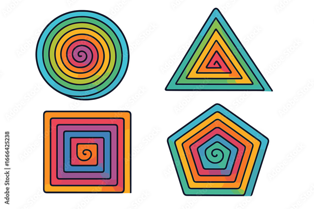 Poster set of colorful geometric shapes with spiral patterns. vector collection of abstract circle, triangl