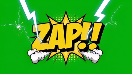 Dynamic comic animation of the word zap with lightning on green background - Powered by Adobe