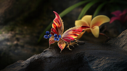 Colorful Butterfly on a Rock, Tropical Garden, Close-Up, Natural Environment, Artistic Photography