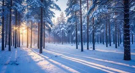 Sunrise illuminating a tranquil snow-covered pine forest, casting long shadows on the pristine white landscape.