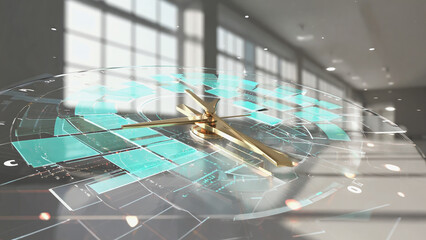 Futuristic Golden Clock with Teal Details in Modern Office Space