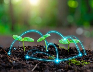 Connected seedlings in fertile soil, digital future