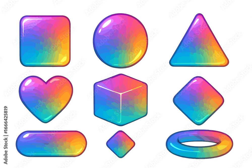 Poster set of colorful rainbow gradient shapes. glossy 3d jelly buttons for game or ui design. abstract geo