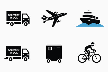 Assortment of transport vehicles like airplane, ship, truck, bicycle, and trailer vector design