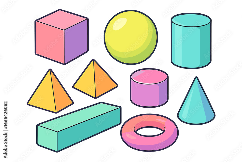 Aufkleber isometric set of colorful 3d geometric shapes. basic solid geometry forms for math education. vector