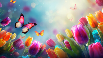 Colorful Tulip Field with Butterflies in Spring Sky
