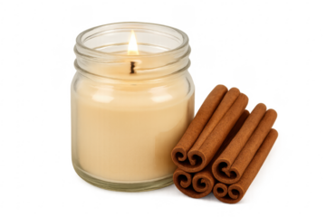 Burning candle with cinnamon sticks on transparent background