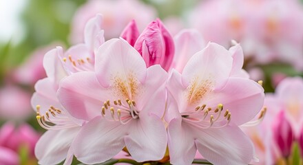 Obraz premium A close up of light pink rhododendron flowers with darker pink buds in a soft focus background