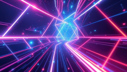 Fototapeta premium Abstract neon light tunnel with glowing geometric shapes, representing fast data flow, digital connectivity, and futuristic technology for business, science, or gaming concepts.