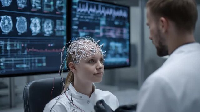Brainwave Study: A doctor focuses on a patient connected to an EEG machine, the monitors displaying complex brain activity.