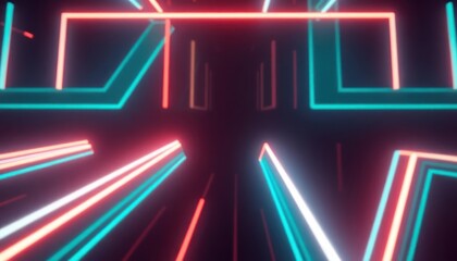 Abstract futuristic background with glowing neon lines in red, cyan, and white creating a dynamic digital tunnel, ideal for modern tech or gaming themes.
