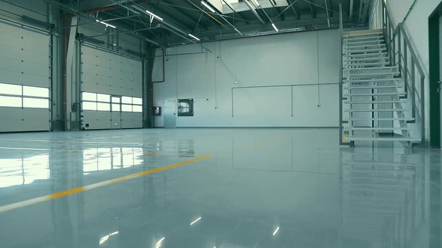 Shiny resin floor reflecting light in empty warehouse