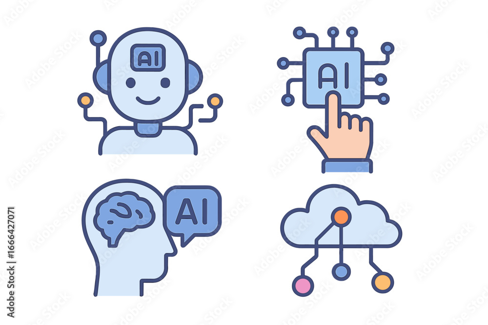 Poster artificial intelligence icon set. ai concepts including robot, machine learning, cloud computing, an