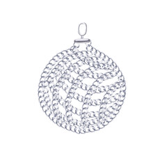 New Year's tree ball made of different silver chains. Isolated watercolor illustration for design of printing for Christmas sales, jewelry stores, postcard printing.