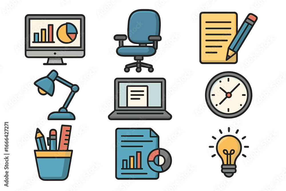 Poster set of office and business icons for productivity. workspace elements concept. includes computer, ch