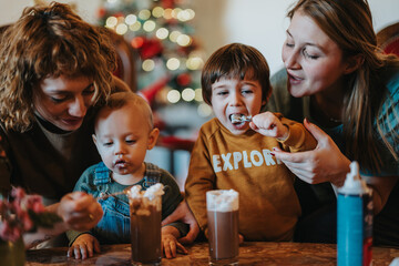 A heartwarming scene of a family bonding over hot cocoa during holiday celebrations with Christmas...